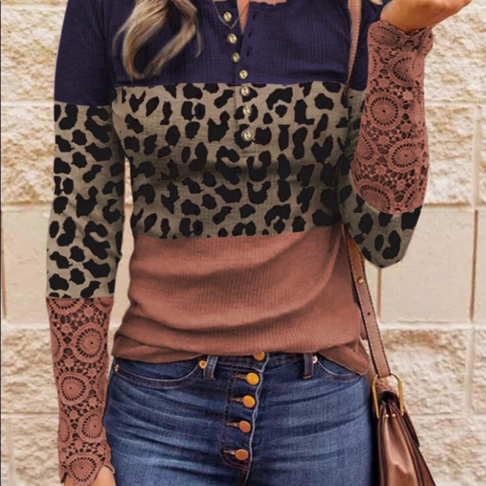 Bellily Lace Leapard Splicing Color Block Button Blouse